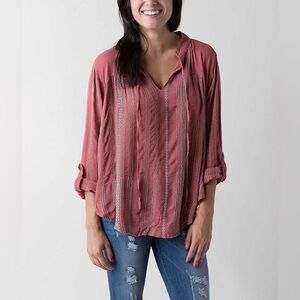 Sixes & Sevens Boho Peasant Blouse Medium Rust Embroidered Tie Neck Rayon Top